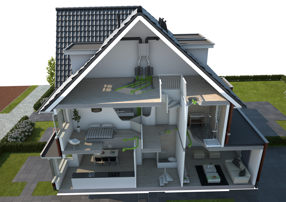 3D cutaway of a house showing rooms and green ventilation ducts