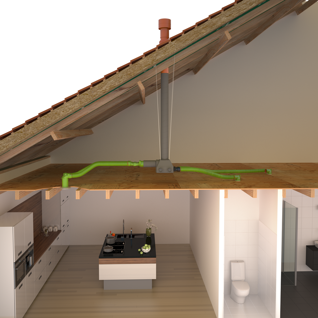 Ventilation ducts installed under a sloped roof above a kitchen and toilet